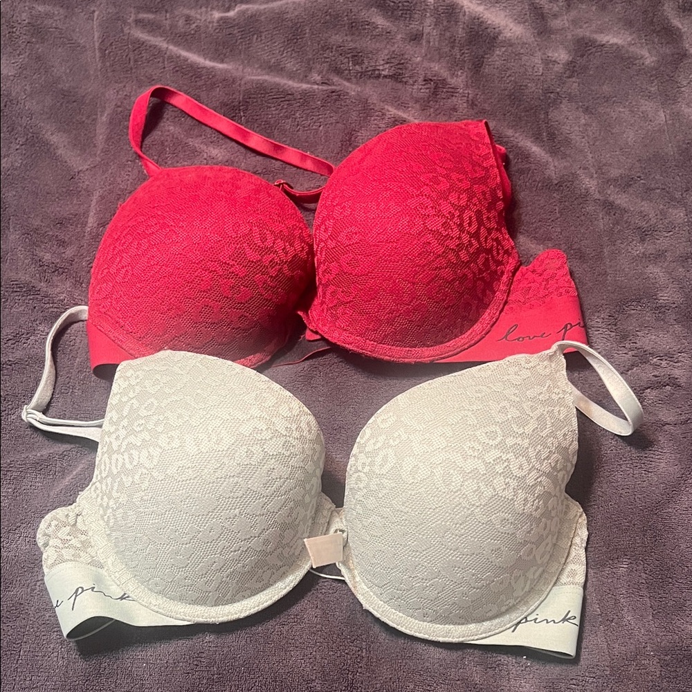 PINK Victoria's Secret Leopard Lace Bra Duo - Pink and White